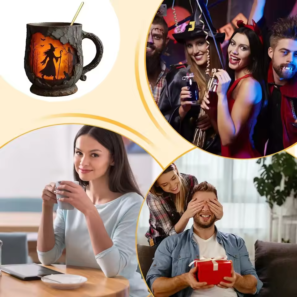 Tasse Halloween en relief faite à la main – Dessin de sorcière et de chat