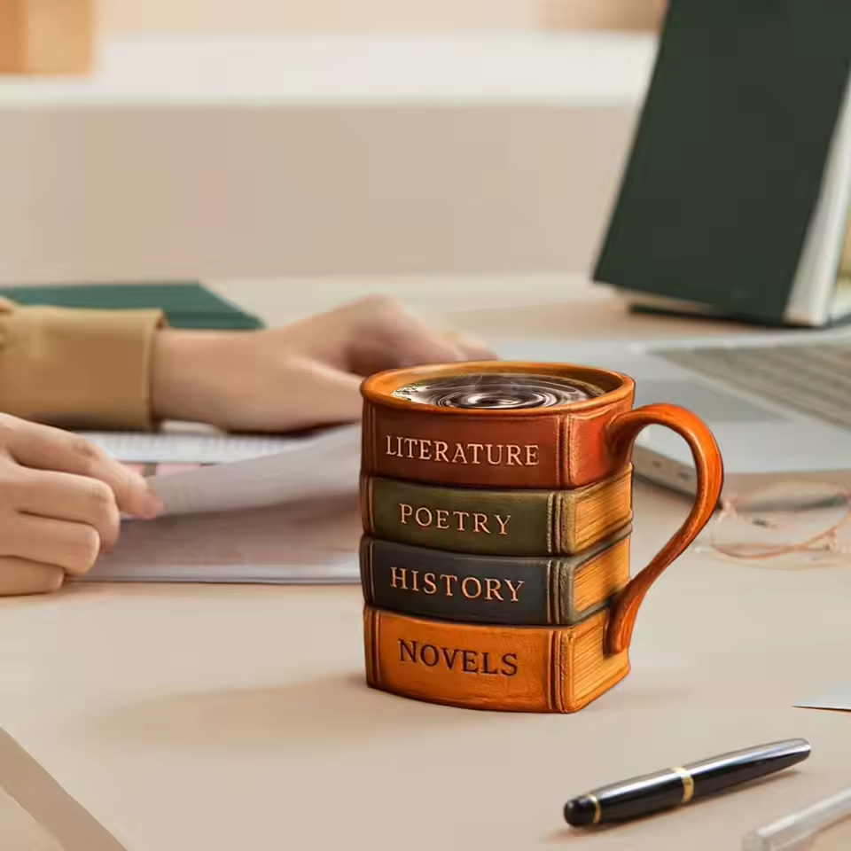 Tasse à café en 3D faite main avec thème librairie - Haven dei Lettori