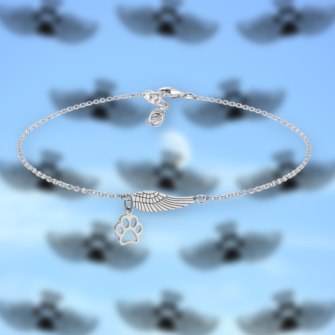 Bracelet commémoratif en argent avec ailes d'ange et empreinte de patte | Fait à la main