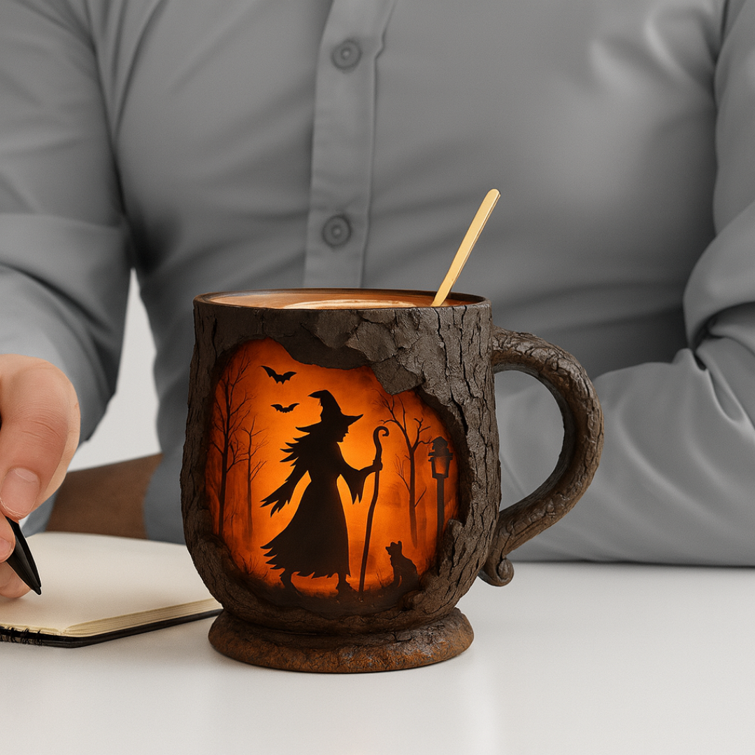 Tasse Halloween en relief faite à la main – Dessin de sorcière et de chat