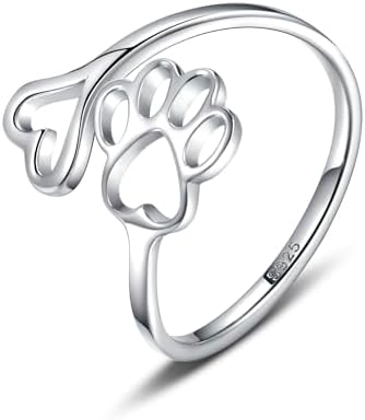 Anneau ajustable en argent sterling 925 avec empreinte de patte et cœur fait main