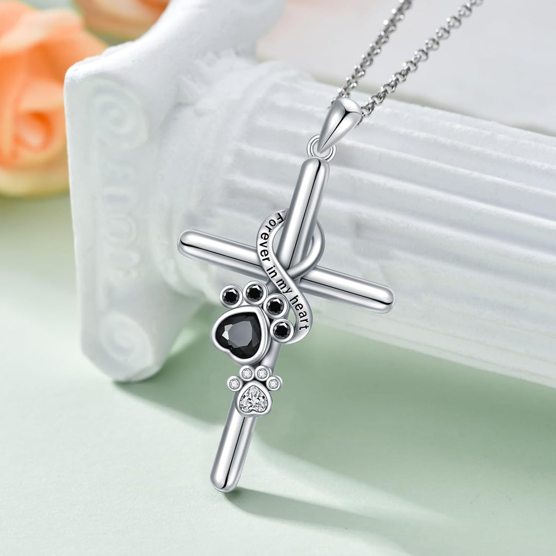 Collier en argent sterling 925 – Pendentif empreinte de patte / Croix