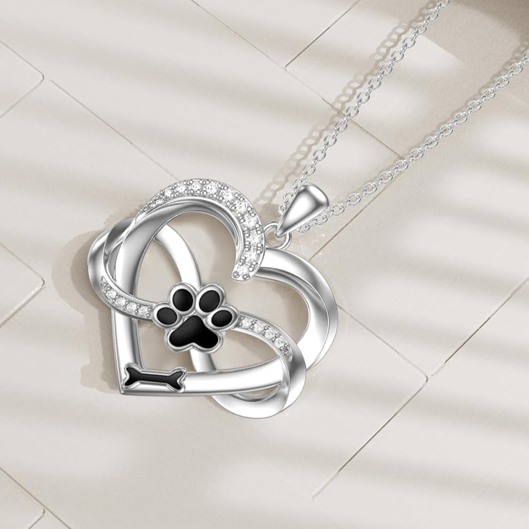 Collier Infinity avec Cœur et Patte en Argent 925 – Bijoux Symboliques pour Animaux de Compagnie