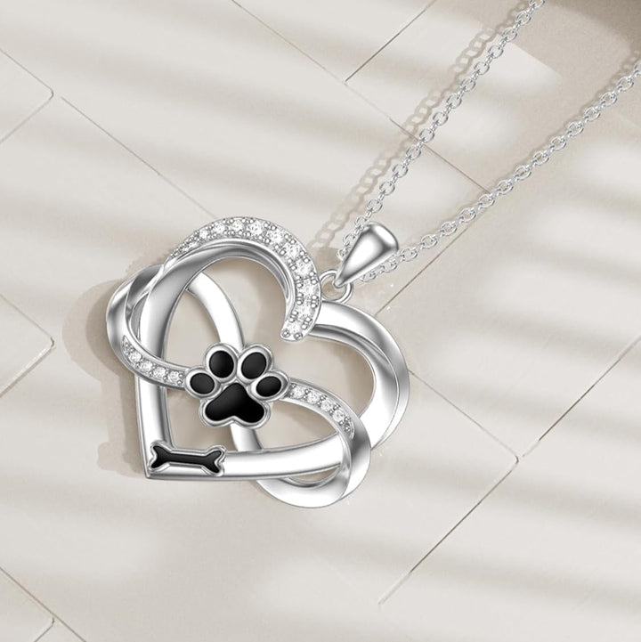 Collier Infinity avec Cœur et Patte en Argent 925 – Bijoux Symboliques pour Animaux de Compagnie