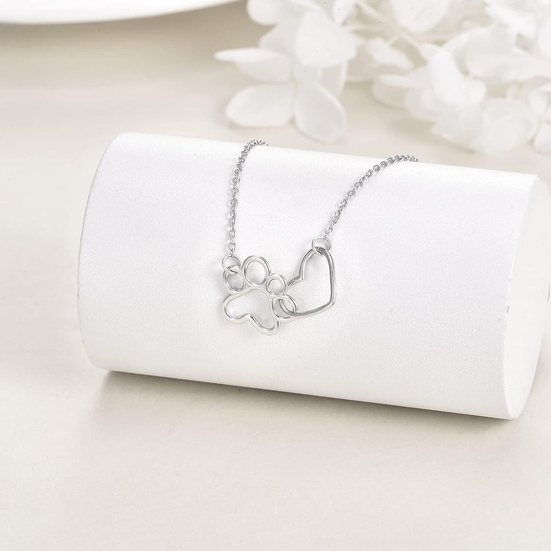 Collier à empreinte de patte en argent sterling – Pendentif en forme de cœur avec cristal et patte de chien