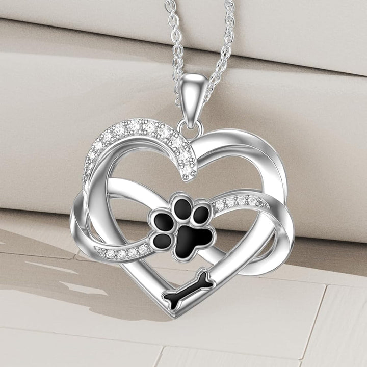 Collier Infinity avec Cœur et Patte en Argent 925 – Bijoux Symboliques pour Animaux de Compagnie
