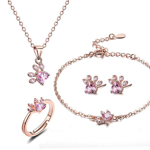 Ensemble de bijoux avec pattes pour femmes – 4 pièces | Or rose avec cœur en zirconia – Bague, collier, boucles d'oreilles et bracelet