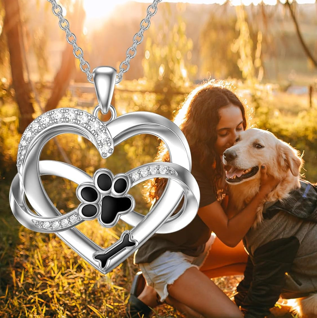 Collier Infinity avec Cœur et Patte en Argent 925 – Bijoux Symboliques pour Animaux de Compagnie