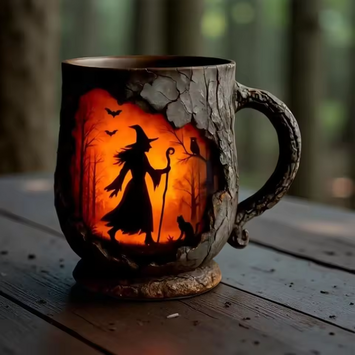 Tasse Halloween en relief faite à la main – Dessin de sorcière et de chat