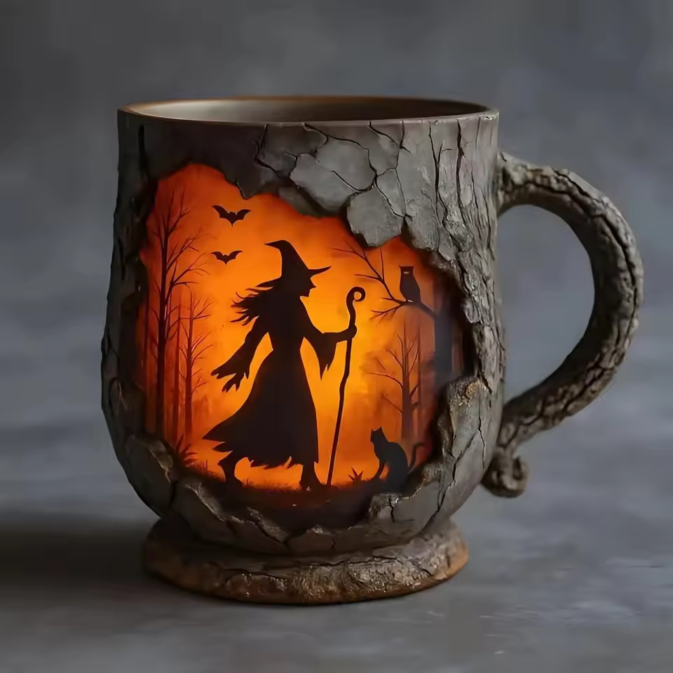 Tasse Halloween en relief faite à la main – Dessin de sorcière et de chat