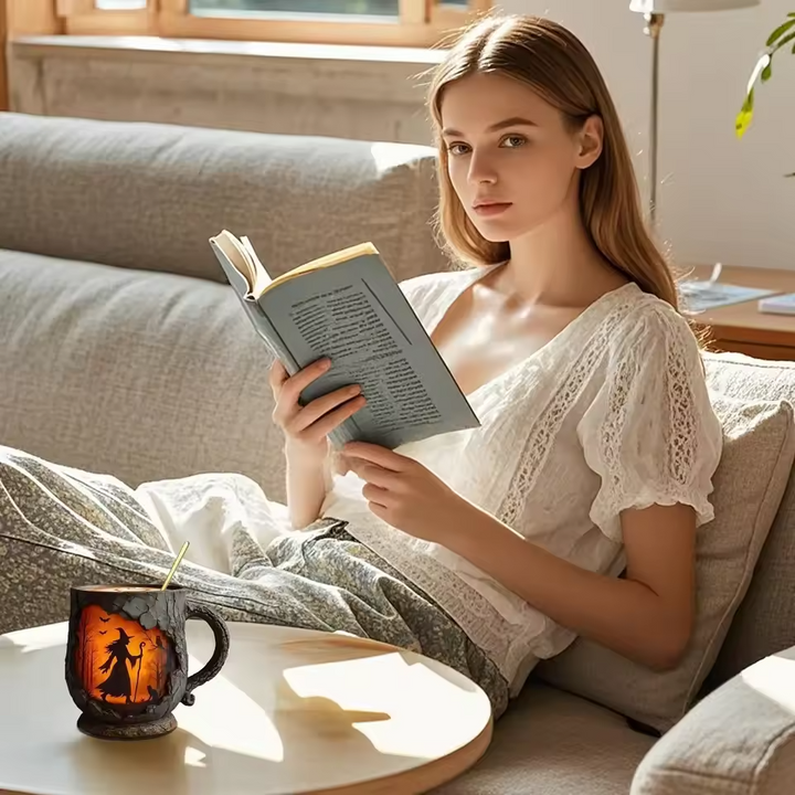 Tasse Halloween en relief faite à la main – Dessin de sorcière et de chat