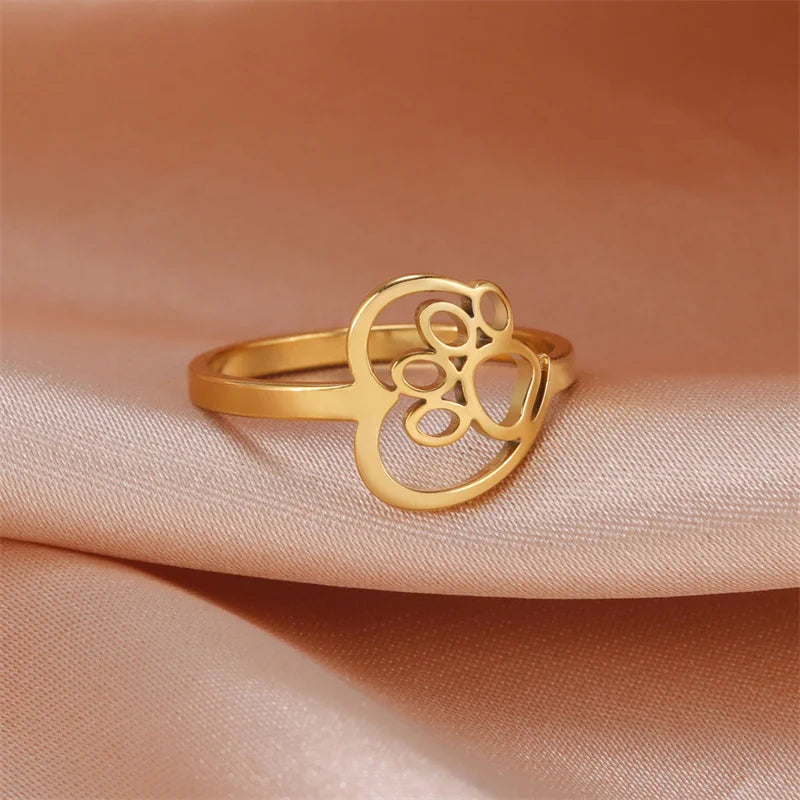 Bague en acier inoxydable avec cœur et patte pour les passionnés d'animaux