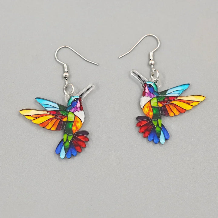 Boucles d'oreilles pendantes avec colibris colorés – Boucles d'oreilles en acrylique au design 2D