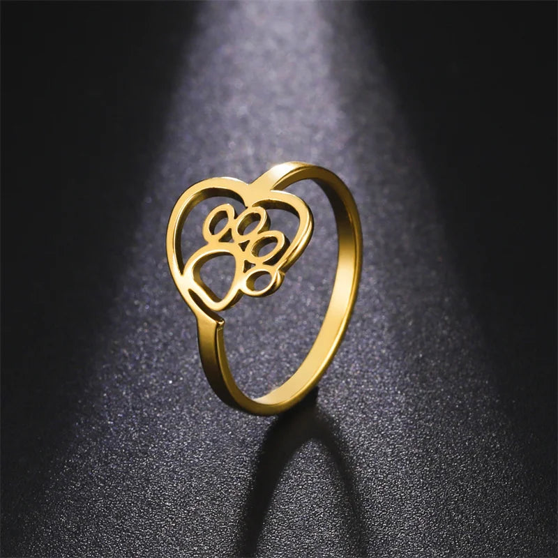 Bague en acier inoxydable avec cœur et patte pour les passionnés d'animaux