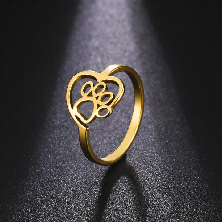 Bague en acier inoxydable avec cœur et patte pour les passionnés d'animaux