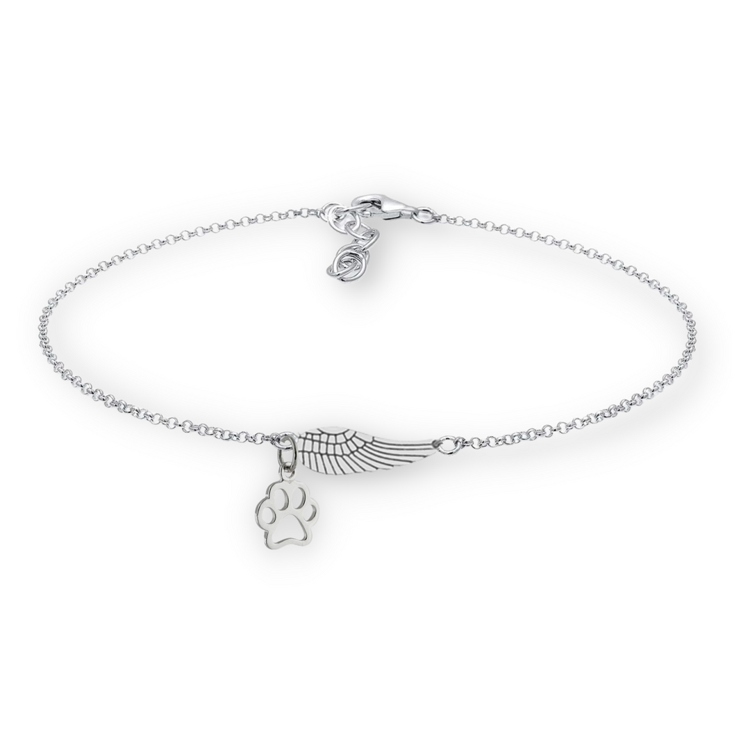 Bracelet commémoratif en argent avec ailes d'ange et empreinte de patte | Fait à la main