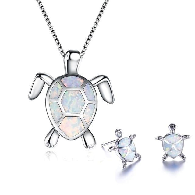 Parure Tortue de Mer – Collier et Boucles d'Oreilles en Argent avec Opale
