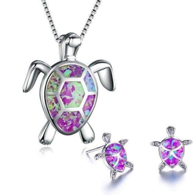 Parure Tortue de Mer – Collier et Boucles d'Oreilles en Argent avec Opale